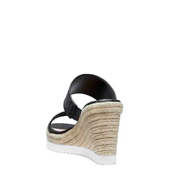 Stuart Weitzman Mykonos Two-Strap Wedge Sandals Herringbone Raffia & Black 38.5 - Picture 3 of 12